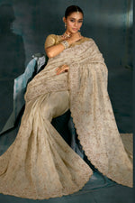 Cream Heavy Work Wedding Wear Banarasi Zari Designer Saree