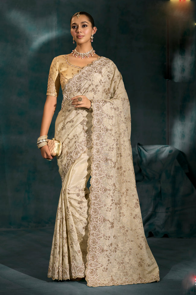 Cream Heavy Work Wedding Wear Banarasi Zari Designer Saree