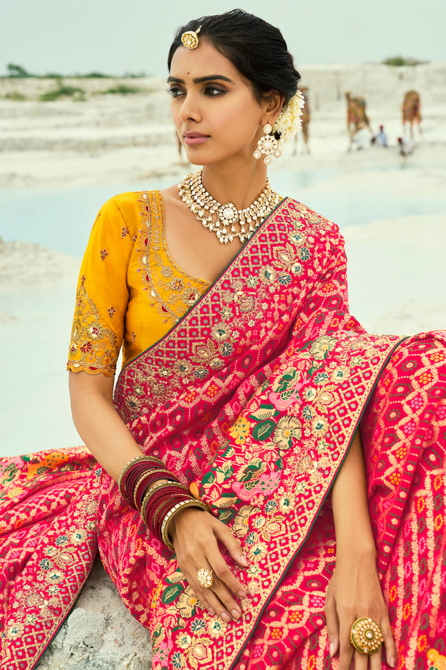 Red Embroidered Pure Georgette Bandhej Designer Saree
