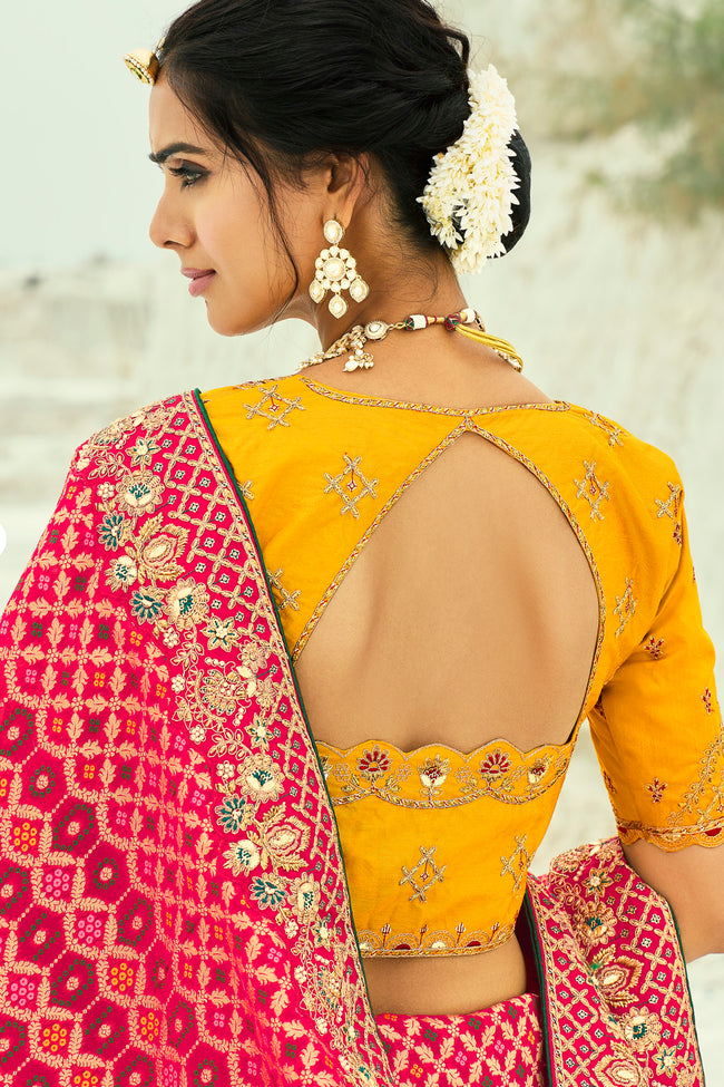 Red Embroidered Pure Georgette Bandhej Designer Saree