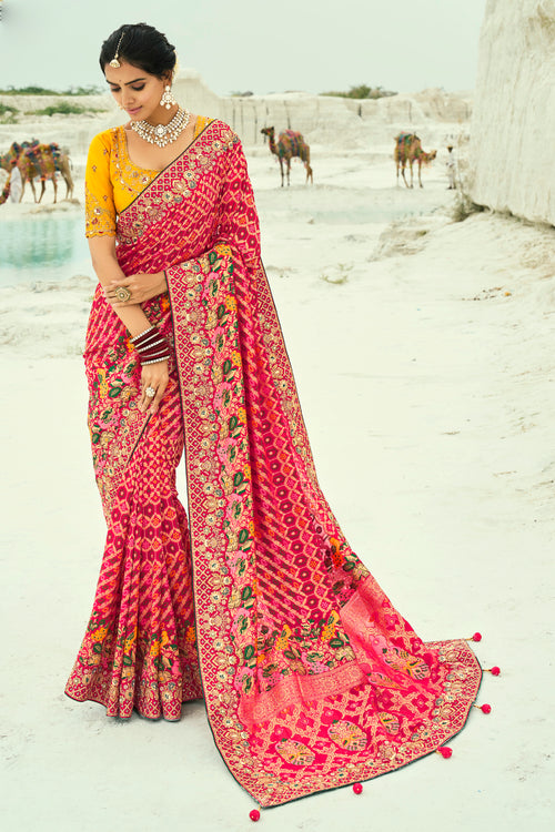 Red Embroidered Pure Georgette Bandhej Designer Saree