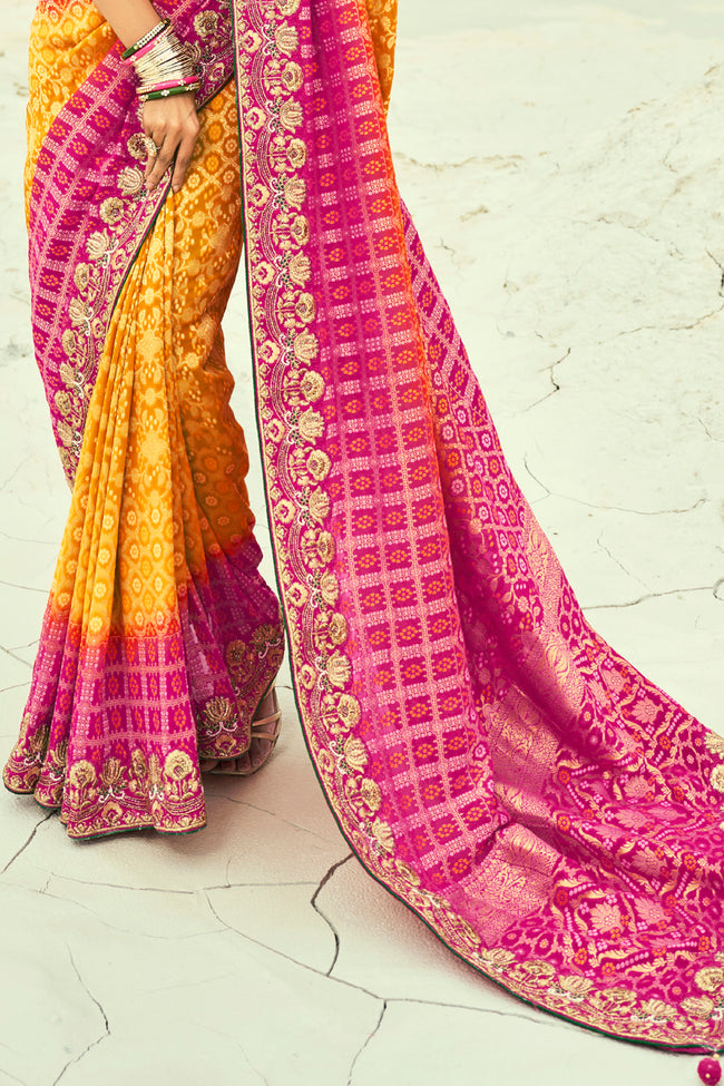 Mustard Rani Embroidered Bandhej Designer Saree