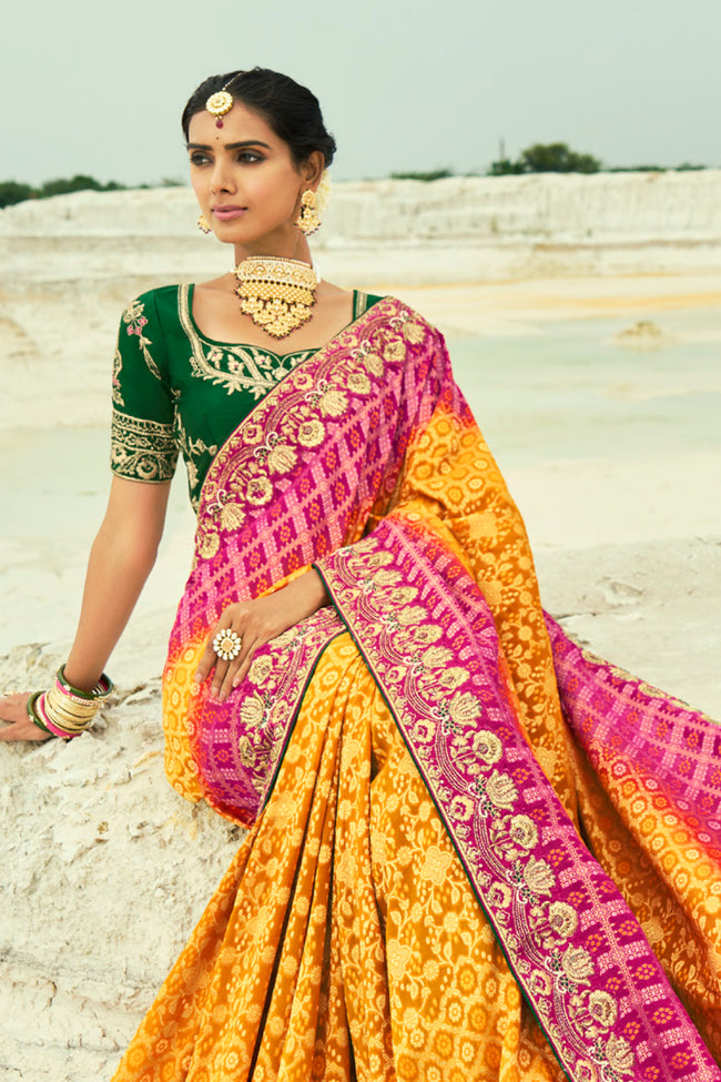 Mustard Rani Embroidered Bandhej Designer Saree