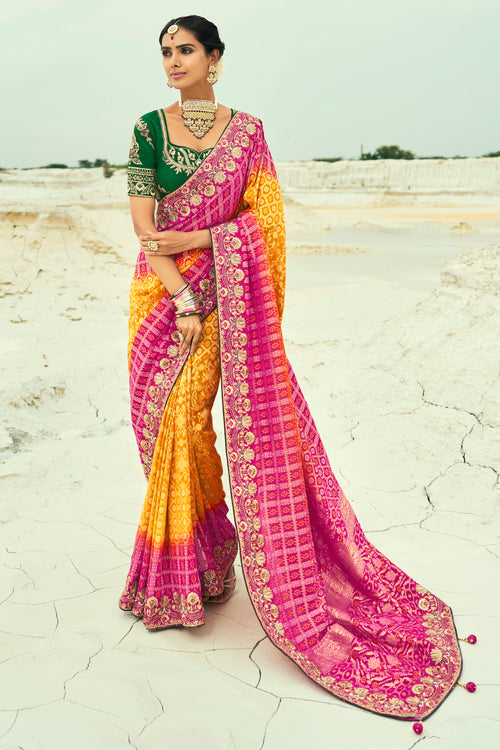 Mustard Rani Embroidered Bandhej Designer Saree