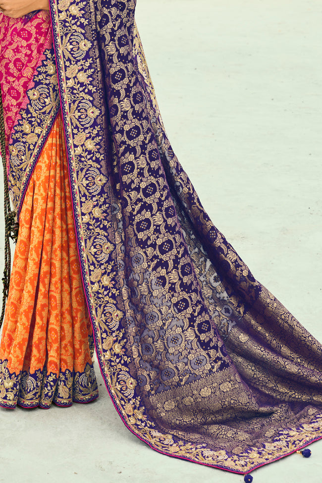 Purple Rani Embroidered Bandhej Designer Saree