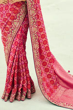 Red And Rani Embroidered Banarasi Chiffon Saree
