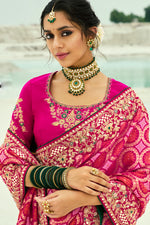 Red And Rani Embroidered Banarasi Chiffon Saree