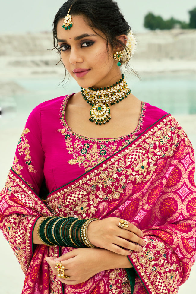 Red And Rani Embroidered Banarasi Chiffon Saree