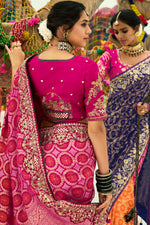 Red And Rani Embroidered Banarasi Chiffon Saree
