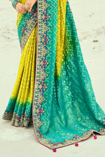 Yellow And Rama Beads Work Silk Traditional Embroidered Saree