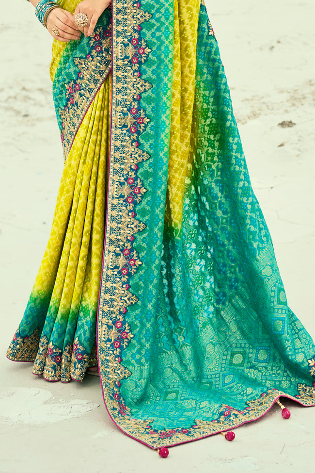 Yellow And Rama Beads Work Silk Traditional Embroidered Saree