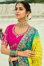 Yellow And Rama Beads Work Silk Traditional Embroidered Saree