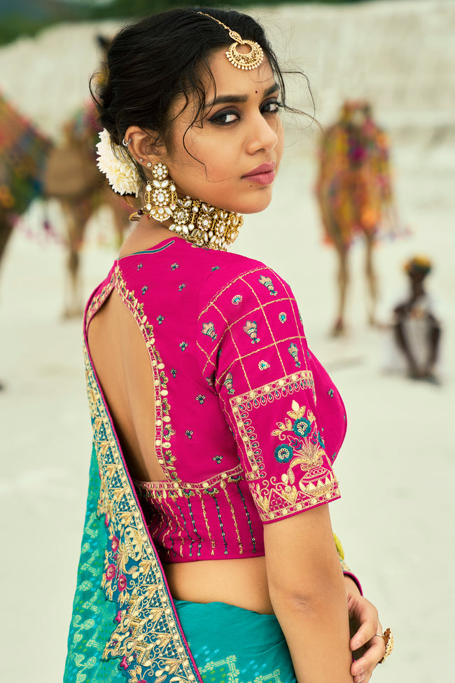 Yellow And Rama Beads Work Silk Traditional Embroidered Saree
