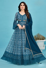 Rama Blue Hand Embroidered Gown With Dupatta