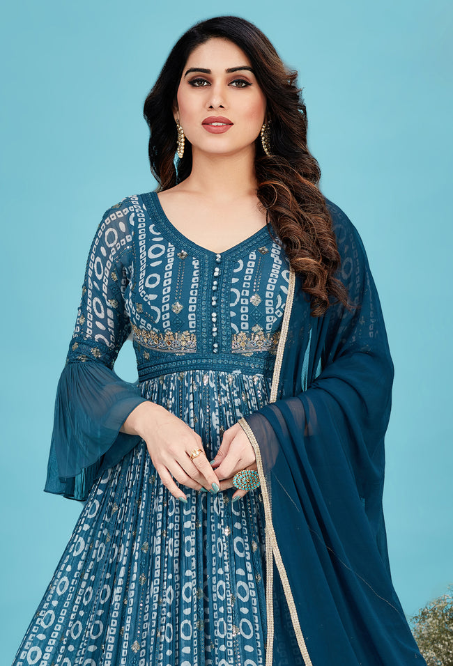 Rama Blue Hand Embroidered Gown With Dupatta