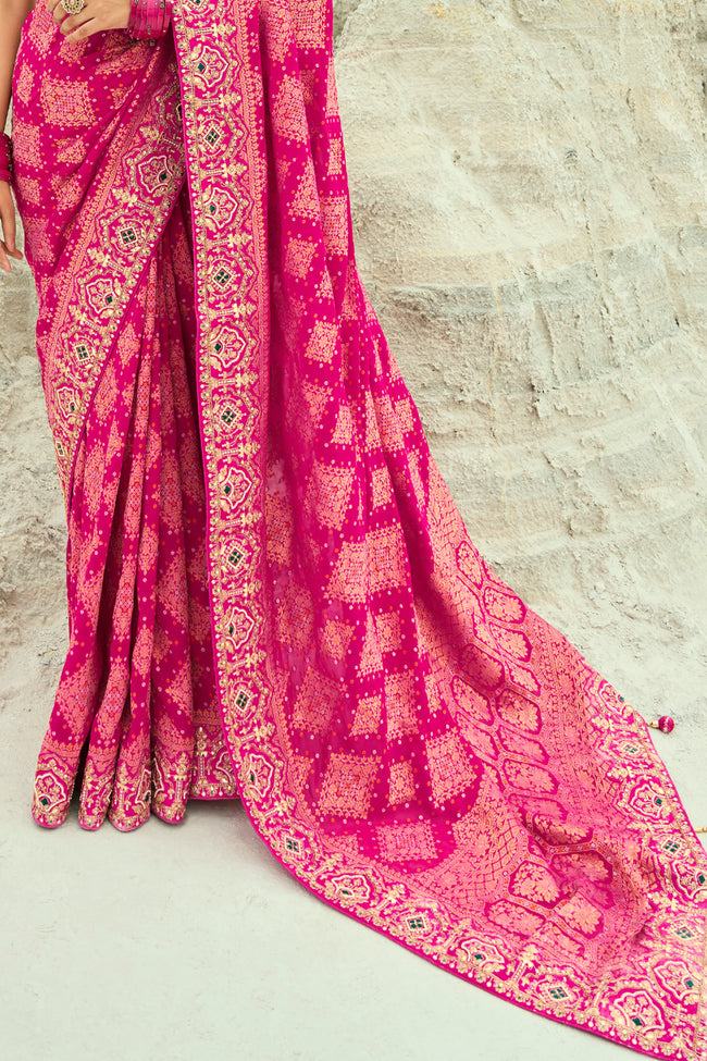 Rose Pink with Beads Work for Bridal Silk Trendy Saree