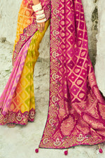 Mustard Yellow And Rani Embroidered  Pure Georgette Jacquard Saree