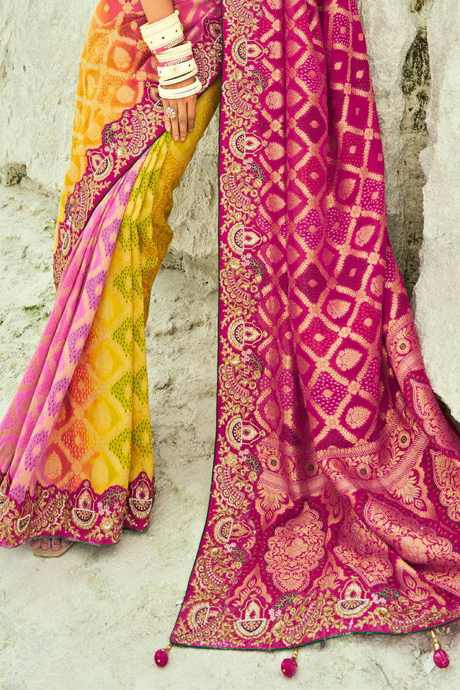 Mustard Yellow And Rani Embroidered  Pure Georgette Jacquard Saree