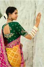 Mustard Yellow And Rani Embroidered  Pure Georgette Jacquard Saree