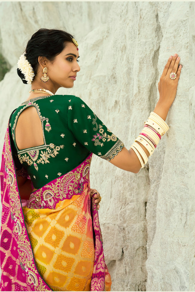 Mustard Yellow And Rani Embroidered  Pure Georgette Jacquard Saree