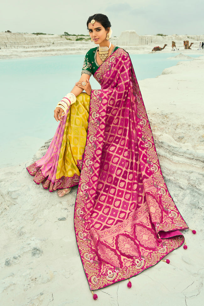 Mustard Yellow And Rani Embroidered  Pure Georgette Jacquard Saree