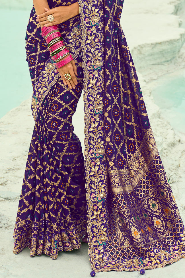 Purple Embroidered Banarasi Chiffon Saree