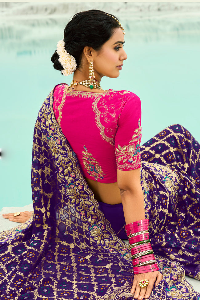 Purple Embroidered Banarasi Chiffon Saree