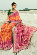 Orange And Rani Embroidered Pure Georgette Jacquard Saree