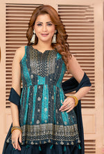 Navy Blue And Aqua Blue Georgette Dhoti Style Salwar Kameez With Dupatta