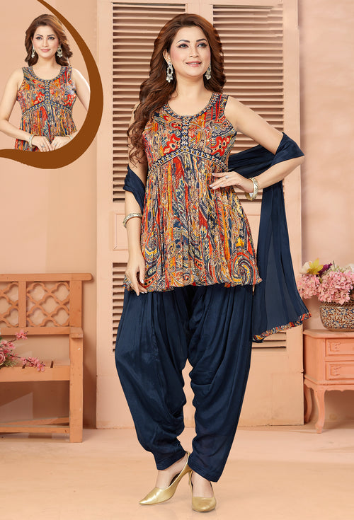Multicolour And Navy Blue Georgette Dhoti Style Salwar Kameez With Dupatta
