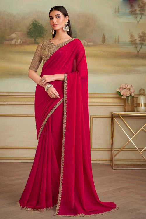 Cherry Red Shining Georegette Silk Saree With Golden Blouse Piece