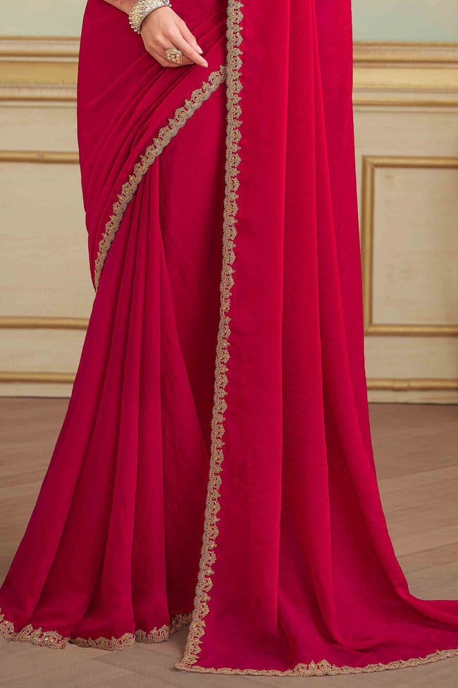 Cherry Red Shining Georegette Silk Saree With Golden Blouse Piece