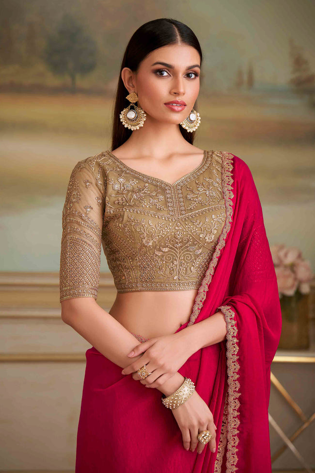 Cherry Red Shining Georegette Silk Saree With Golden Blouse Piece