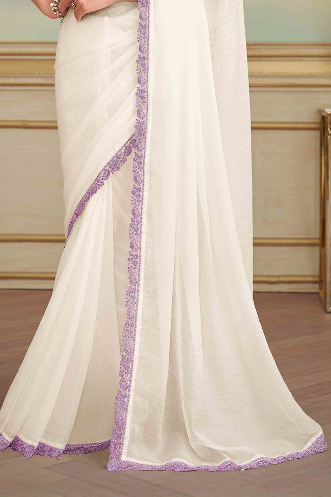 Shining White Sparkle Georette Saree With Embroidered Border
