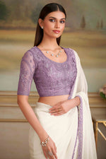Shining White Sparkle Georette Saree With Embroidered Border