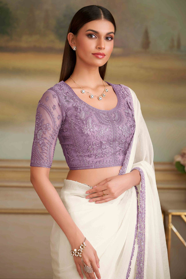 Shining White Sparkle Georette Saree With Embroidered Border