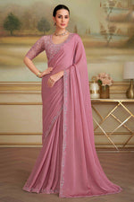 Onion Pink Sparkle Gergrette Saree With Embroidered Border