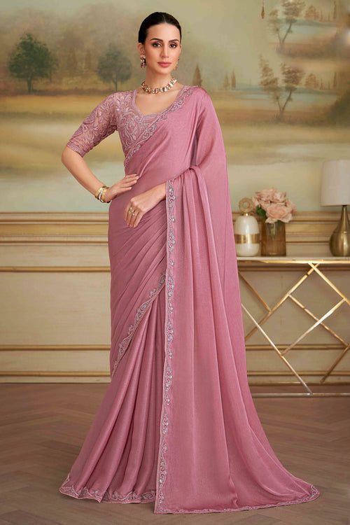Onion Pink Sparkle Gergrette Saree With Embroidered Border