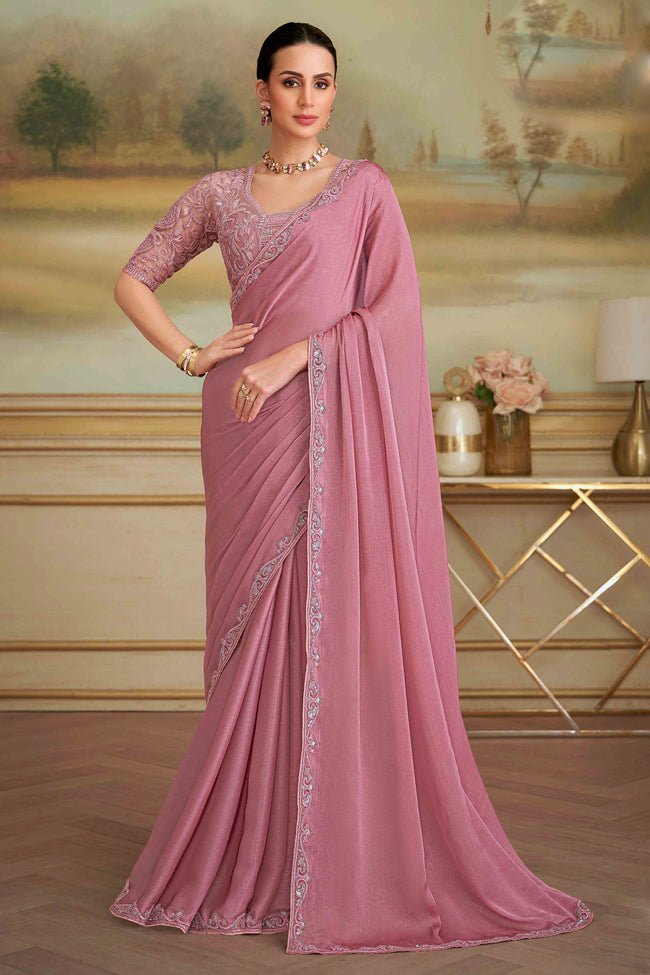 Onion Pink Sparkle Gergrette Saree With Embroidered Border