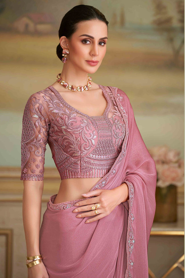 Onion Pink Sparkle Gergrette Saree With Embroidered Border