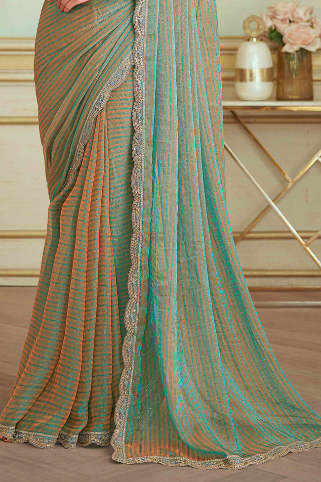Olive Green Sparkle Georgette Saree With Embroidered Border