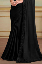Jet Black Shaded Satin Chiffon Saree With Embroidered Border