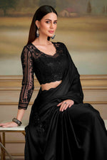 Jet Black Shaded Satin Chiffon Saree With Embroidered Border