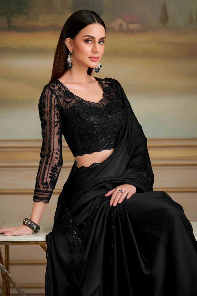 Jet Black Shaded Satin Chiffon Saree With Embroidered Border