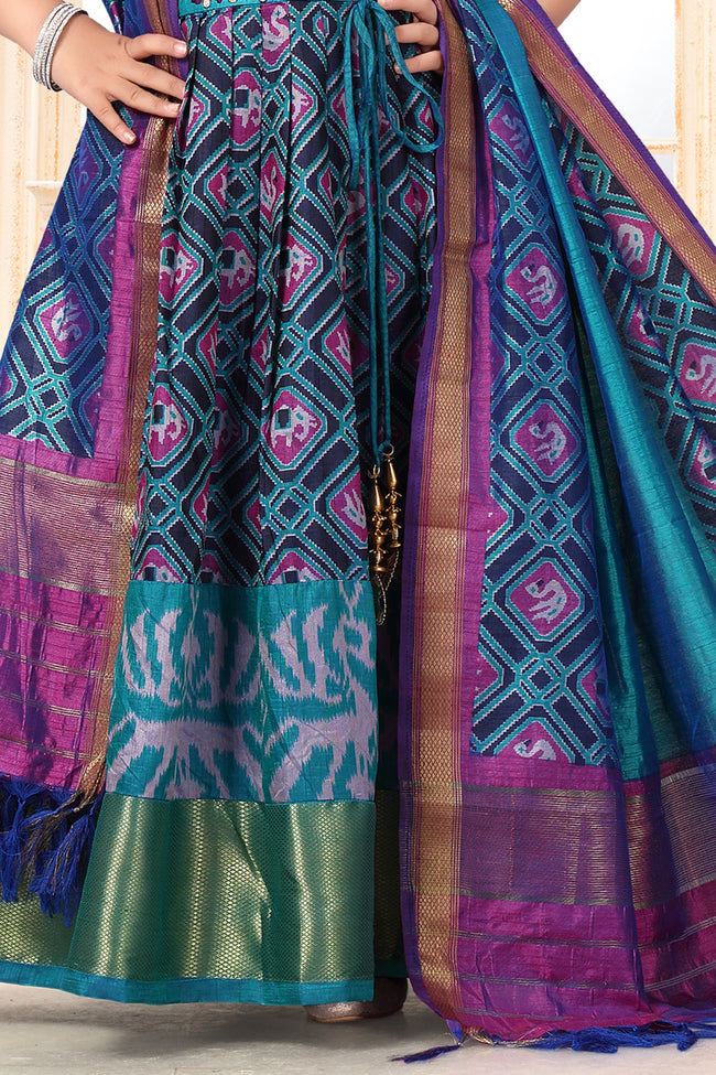 Teal Blue Fancy Printed Silk Gown For Giirls