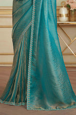 Golden Blue Georgette Embroidered Saree With Blouse Piece