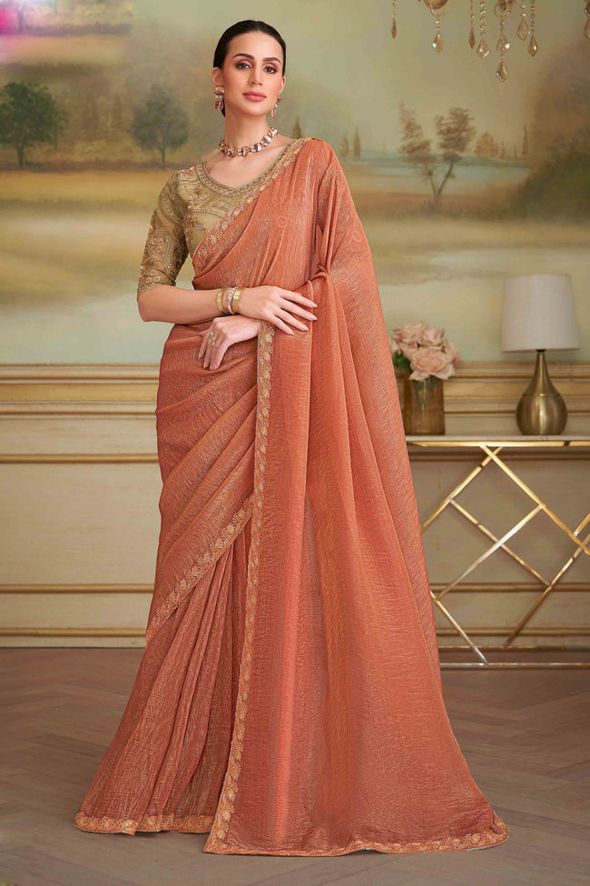 Rust Orange Gold Geogrette Embroidered Saree