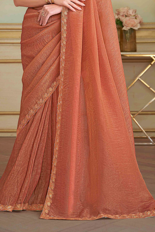 Rust Orange Gold Geogrette Embroidered Saree
