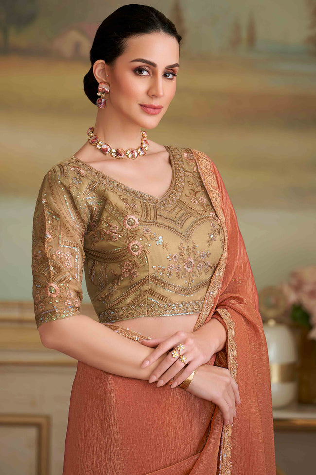 Rust Orange Gold Geogrette Embroidered Saree
