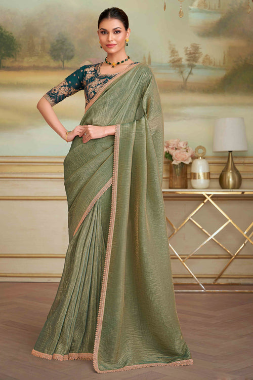 Pista Green Gold Georgette Saree With Embroidered Border